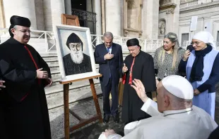 Pope Francis blesses a mosaic of St. Charbel after his general audience Nov. 15, 2023, in St. Peter’s Square. Credit: Vatican Media