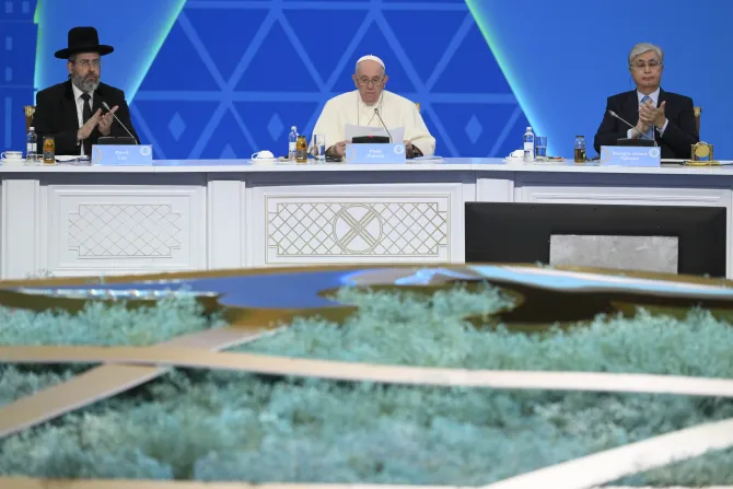 Pope Francis speaking at the 7th Congress of Leaders of World and Traditional Religions in Nur-Sultan, Kazakhstan, Sept. 15, 2022.