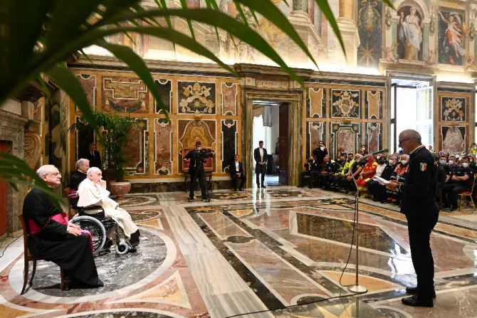 Pope Francis meets members of Italy’s Civil Protection service in the Vatican’s Clementine Hall on May 23, 2022