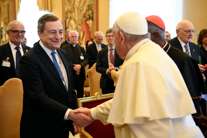 Pope Francis greets Italian Prime Minister Mario Draghi at the Vatican, April 29, 2022