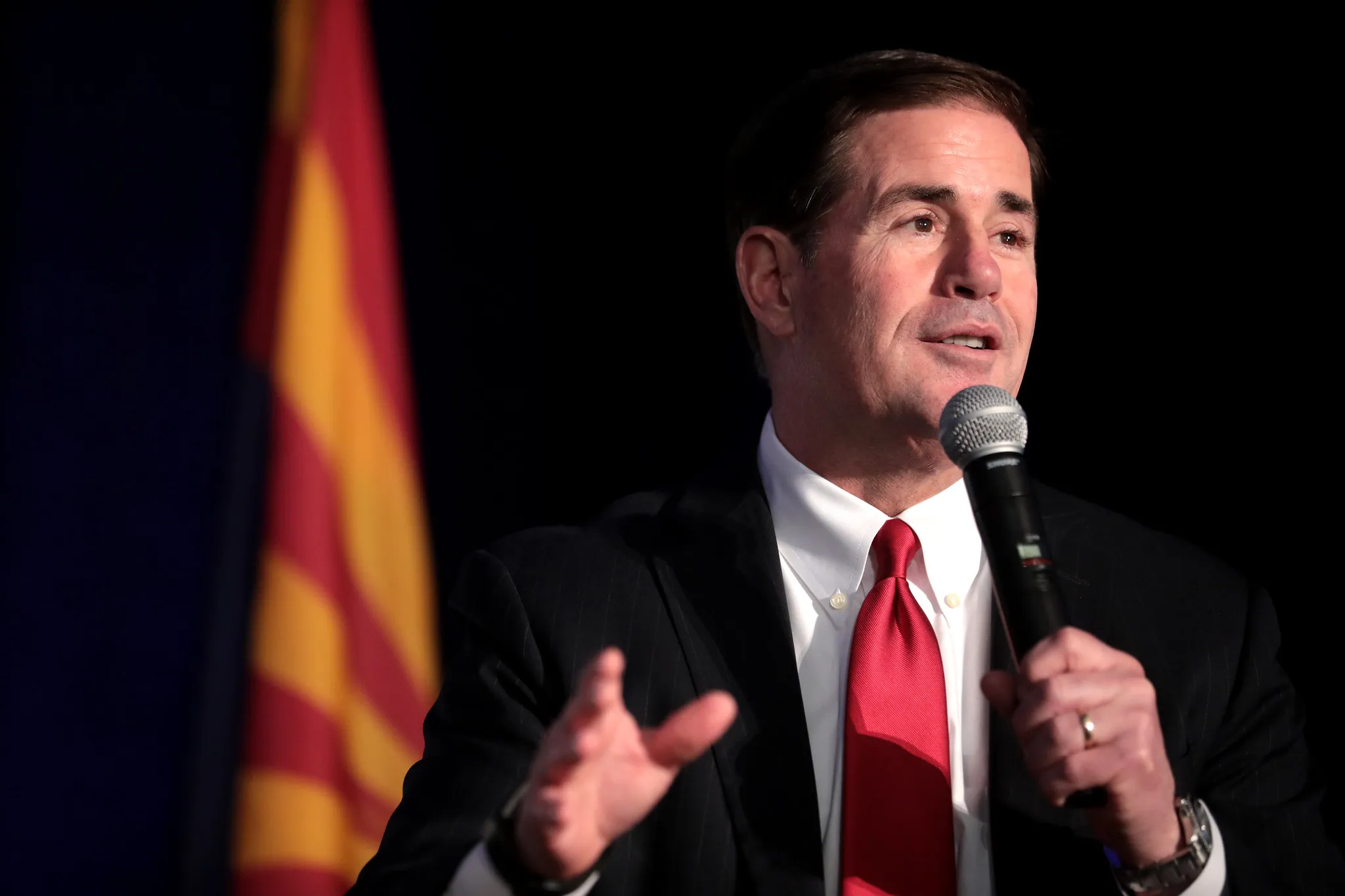 Arizona Gov. Doug Ducey, who has signed a law barring abortions based on non-fatal genetic disorders, speaks at an awards luncheon in Scottsdale, Ariz., June 17, 2019. Credit: Gage Skidmore via Flickr (CC BY-SA 2.0)?w=200&h=150