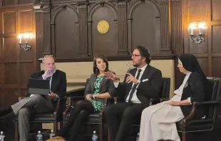 Left to right: Dr. John Bruchalski, a former abortionist and IVF provider, Emma Waters, a senior research associate at the Heritage Foundation, Andrew Kubick, a bioethicist at the National Catholic Bioethics Center and the Religious Freedom Institute, and Sister Deirdre Byrne, superior of the D.C. Little Workers of the Sacred Hearts, discuss the "eugenic" dangers of in vitro fertilization at a panel event at Georgetown University in Washington, D.C., April 18, 2024. Credit: Photo by Peter Pinedo/CNA