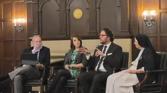 Left to right: Dr. John Bruchalski, a former abortionist and IVF provider, Emma Waters, a senior research associate at the Heritage Foundation, Andrew Kubick, a bioethicist at the National Catholic Bioethics Center and the Religious Freedom Institute, and Sister Deirdre Byrne, superior of the D.C. Little Workers of the Sacred Hearts, discuss the "eugenic" dangers of in vitro fertilization at a panel event at Georgetown University in Washington, D.C., April 18, 2024.