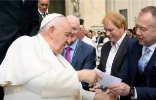 Aidan Gallagher, director of EWTN Ireland, receives a blessing for the film “Faith of Our Fathers” from Pope Francis after the pope’s general audience May 3, 2023. Credit: Courtesy of EWTN News Nightly