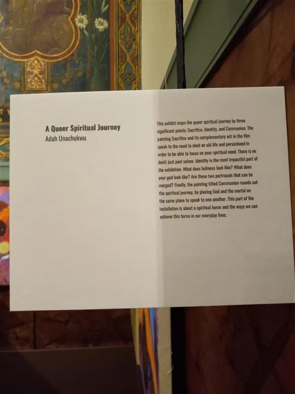 The display card for the artwork “A Queer Spiritual Journey” being exhibited in the Church of St. Paul the Apostle. CNA