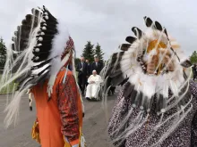 Pope Francis arrives for a meeting with indigenous peoples in Maskwacis, Canada, July 25, 2022.