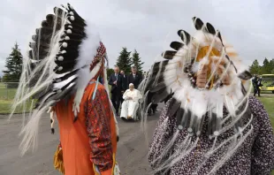 Pope Francis arrives for a meeting with indigenous peoples in Maskwacis, Canada, July 25, 2022. Vatican Media