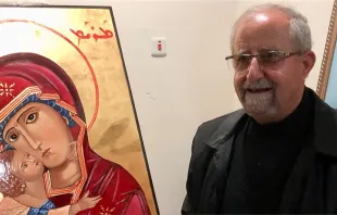 Deacon Ebrahim Lallo, a Syriac Catholic Deacon from the town of Bartella, Iraq, painted the icon “Mary, Mother of Persecuted Christians,” which will be in the shrine in Clinton, Massachusetts. Photo credit: Father Benedict Kiely