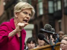 U.S. Sen. Elizabeth Warren addresses the public during a rally to protest the U.S. Supreme Court's overturning of Roe Vs. Wade at the Massachusetts State House in Boston, Massachusetts, on June 24, 2022.