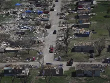 Aerial view of tornado damage in Elkhorn, Nebraska, taken on April 29, 2024. Tornadoes ripped through the Midwest over the weekend of April 26–28, 2024.