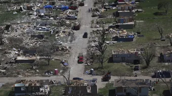 Aerial view of tornado damage in Elkhorn, Nebraska, taken on April 29, 2024. Tornadoes ripped through the Midwest over the weekend of April 26–28, 2024.