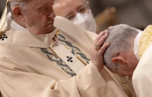 Pope Francis lays his hands on the head of Guido Marini during his episcopal consecration in St. Peter's Basilica Oct. 17, 2021 Daniel Ibanez/EWTN/Vatican Pool
