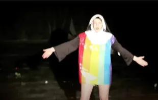 A drag performer dresses up as a Catholic religious sister and dances provocatively on stage while wearing a gay pride flag. rYN/YouTube Nov 8, 2018