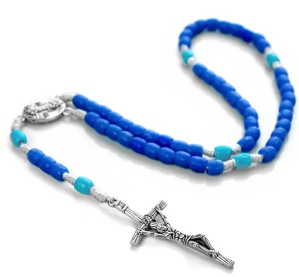 A rosary made from plastic refuse collected from the ocean. Plastic Bank