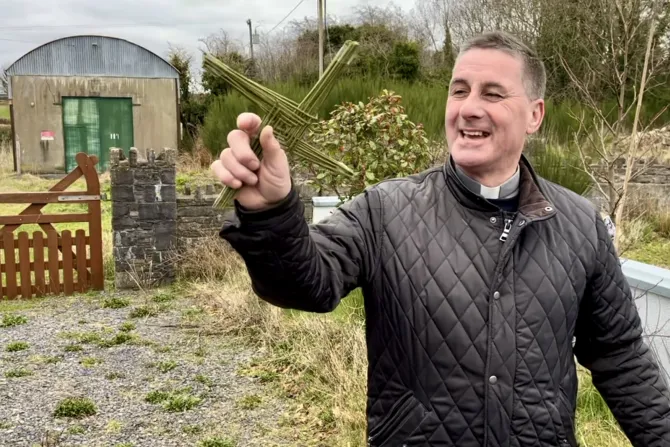 Father Patrick Hughes shows how to make a traditional St. Brigid's Cross in County Cavan, Ireland.