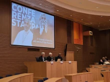 Jesuit Superior General Father Arturo Sosa, SJ, center, speaks about Pope Francis at a press conference at the Jesuit general curia in Rome on April 24, 2025.