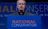 Father Benedict Kiely, founder of Nasarean.org, speaks during a panel discussion on Day 2 of The National Conservatism Conference at the Claridge on April 17, 2024, in Brussels, Belgium.