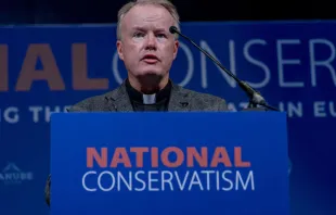 Father Benedict Kiely, founder of Nasarean.org, speaks during a panel discussion on Day 2 of The National Conservatism Conference at the Claridge on April 17, 2024, in Brussels, Belgium. Credit: Omar Havana/Getty Images