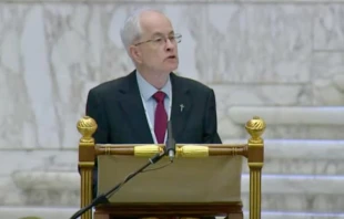 Australian theologian Father Ormond Rush addresses the General Assembly of the Synod on Synodality on Oct. 23, 2023, in the Vatican’s Paul VI Hall. Credit: Vatican Media livestream