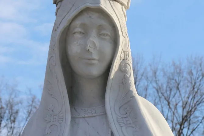 Security personnel reported damage to the Our Lady of Fatima statue located outside the Basilica of the National Shrine of the Immaculate Conception in Washington, D.C., Dec. 6, 2021.