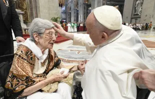 Pope Francis blesses a woman in St. Peter's Basilica, where he presided over a special papal Mass on July 23, 2023, marking the third annual World Day for Grandparents and the Elderly. Vatican Media