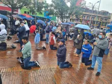 Rain did not deter the hundreds of men gathered as part of the Men's Rosary in Bogota, Colombia, Oct. 8, 2022, to pray the rosary for the victims of abortion.