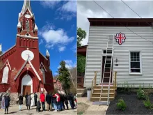 Our Lady of Perpetual Help Church, which was closed in 1989 and sold, which the Serenelli Project is hoping to purchase (left), and a home for ex-inmates reentering society owned by the Serenelli Project (right).