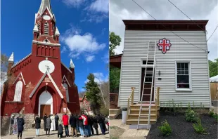Our Lady of Perpetual Help Church, which was closed in 1989 and sold, which the Serenelli Project is hoping to purchase (left), and a home for ex-inmates reentering society owned by the Serenelli Project (right). Credit: Serenelli Project