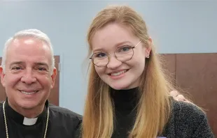 Julia Oseka with Archbishop Nelson Perez of Philadelphia. Perez and other SCHEAP members selected Oseka as one of three Philadelphia delegates to the Synod on Synodality’s North American Continental Assembly. Credit: Sarah Webb/Archdiocese of Philadelphia