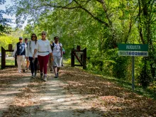 Catholic pilgrims on the Katy Trail Pilgrimage begin the route from Augusta on Oct. 9, 2023.