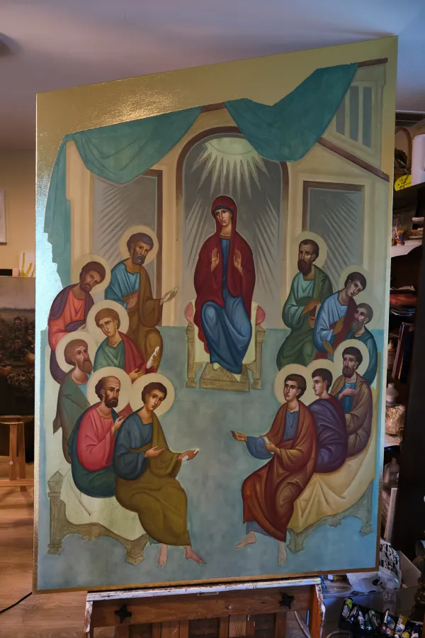 Kolodka’s nearly complete Pentecost, painted in the traditional style of Byzantine iconography. Credit: Nicholas Elbers/B.C. Catholic