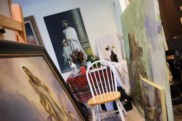 Kolodka is not a traditional iconographer by training, and his studio is mostly filled with realist religious artwork and political paintings about the war in his home country of Ukraine. Credit: Nicholas Elbers/B.C. Catholic
