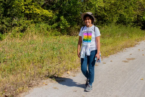 Crystalyn Talavera walks on the Katy Trail Pilgrimage on Oct. 9, 2023. Credit: Jonah McKeown/CNA