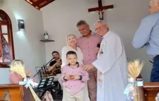 The Maganha family with Father Gilson Maia, RCJ, who blessed the chapel, on July 9, 2023. Credit: Maganha family