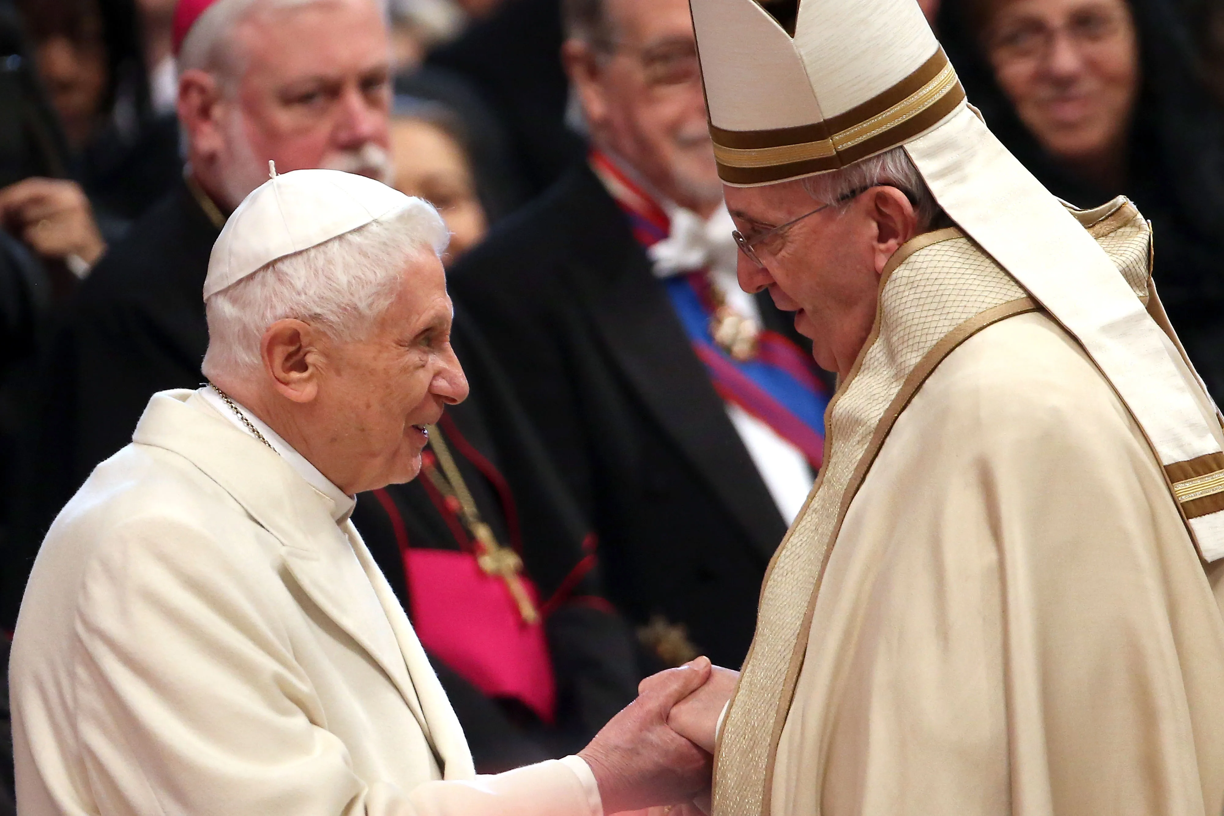 Pope Emeritus Benedict XVI is greeted by Pope Francis during the Ordinary Public Consistory at St. Peter’s Basilica on Feb. 14, 2015.?w=200&h=150
