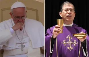 null Pope Francis at a Wednesday Papal audience in 2013. | Then Father Frank Pavone, celebrating Mass at the Conservative Political Action Conference in February 2021. | Credit, left: Catholic News Agency | Credit, right: Shutterstock.