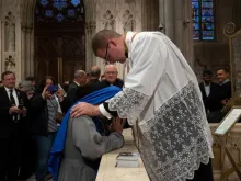 Father Matthew Breslin blesses his sister, Sr. Mary Strength of Martyrs, shortly after his May 29, 2021 ordination.