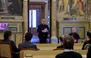 Father Dario E. Viganò, president of the MAC Foundation, shares about the foundation in a May 2, 2023, presentation at the Vatican’ Apostolic Library Credit: Father Dario E. Viganò