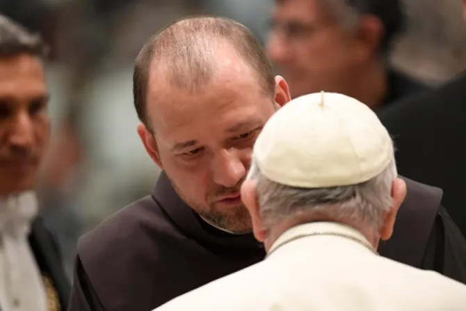Fr. Marek Viktor Gongalo, a Franciscan friar from Ukraine, read the Scripture in the Polish language at the pope's general audience on March 2, 2022.