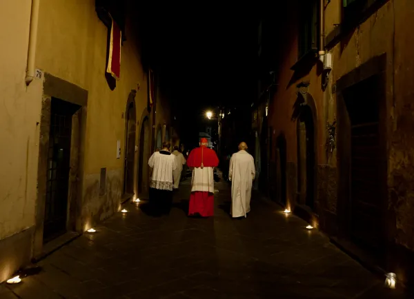 A candlelight procession through the streets of Bagnoregio, Italy, on July 14, 2023, honors the town's native son and patron saint, St. Bonaventure. Patrick Leonard/CNA