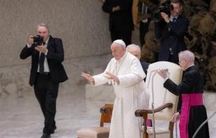 Pope Francis smiles at pilgrims during his Wednesday general audience in the Vatican's Paul VI Hall on Aug. 9, 2023. Daniel Ibanez/CNA