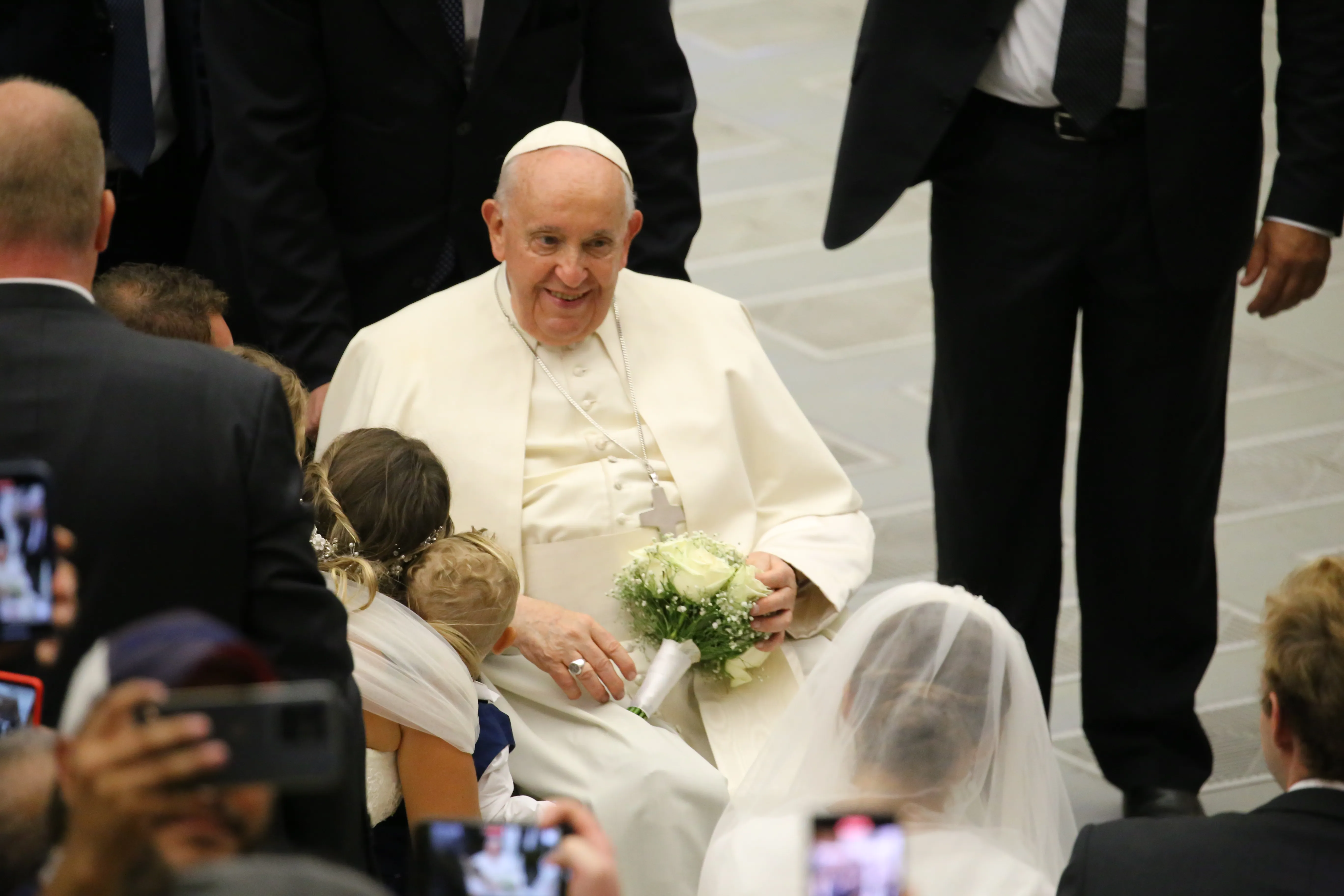 Pope Francis greets newly married couples at the general audience in the Vatican's Paul VI Hall on Aug. 30, 2023.?w=200&h=150