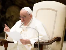 Pope Francis speaks during his weekly general audience on Ash Wednesday Feb. 22, 2023.