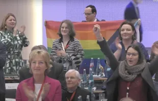 Delegates at the fifth assembly of the German Synodal Way, meeting in Frankfurt, Germany, on March 11, 2023, applaud after the he passage of a text calling for changes to the German Church's approach to gender identity. Jonathan Liedl/National Catholic Register