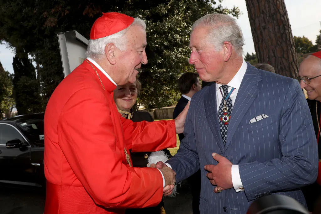 Then-Prince Charles greets archbishop of Westminster and president of the Catholic Bishops' Conference of England and Wales Cardinal Vincent Gerard Nichols during a reception for the Cardinal Newman Canonization at Pontifical Urban College on Oct. 13, 2019, at the Vatican.?w=200&h=150