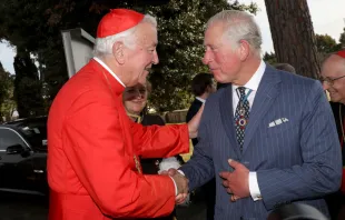 Then-Prince Charles greets archbishop of Westminster and president of the Catholic Bishops' Conference of England and Wales Cardinal Vincent Gerard Nichols during a reception for the Cardinal Newman Canonization at Pontifical Urban College on Oct. 13, 2019, at the Vatican. Credit: Franco Origlia/Getty Images