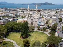 An aerial view of Washington Square in San Francisco on May 22, 2020.