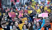 Demonstrators hold pro-life placards during an anti-abortion protest in Paris on Jan. 16, 2022. Abortion in France is legal until 14 weeks after conception.