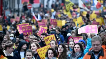 Demonstrators hold pro-life placards during an anti-abortion protest in Paris on Jan. 16, 2022. Abortion in France is legal until 14 weeks after conception.