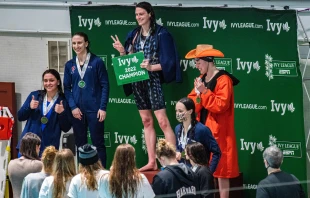 Penn University transgender swimmer Lia Thomas celebrates taking first place in the 500-yard freestyle race with a time of 4.37.32 during the championship final race in heat three during the Women's Ivy League Swimming & Diving Championships at Harvard University in Cambridge, Massachusetts, on Feb. 17, 2022. Credit: JOSEPH PREZIOSO/AFP via Getty Images